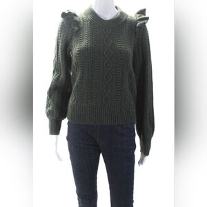 Madewell Womens Merino Wool Ruffle Trim Cable Knit Sweater Green Size XS